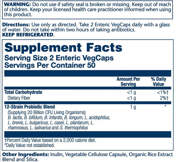 SOLARAY Multidophilus 12 Strain Probiotic 20 Billion CFU, Probiotics for Digestive Health and Gut Health Support, Prebiotic Inulin, No Dairy, 50 Serv, 100 VegCaps