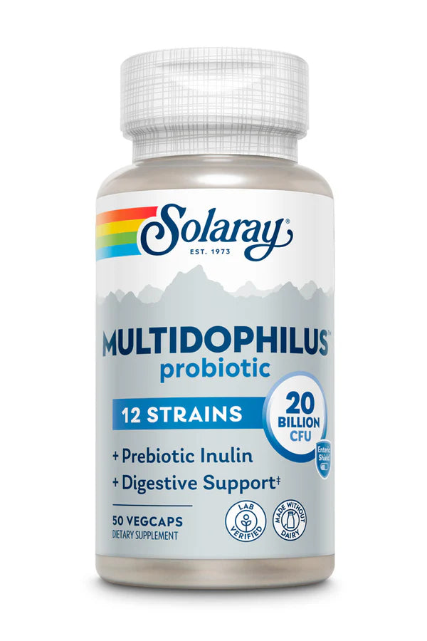 SOLARAY Multidophilus 12 Strain Probiotic 20 Billion CFU, Probiotics for Digestive Health and Gut Health Support, Prebiotic Inulin, No Dairy, 50 Serv, 100 VegCaps