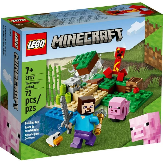 LEGO Minecraft The Creeper Ambush Building Toy 21177, Pretend Play Zombie Battle, Ore Mining and Animal Care with Steve, Baby Pig & Chicken Minifigures, Gift for Kids, Boys and Girls Age 7+ Years Old