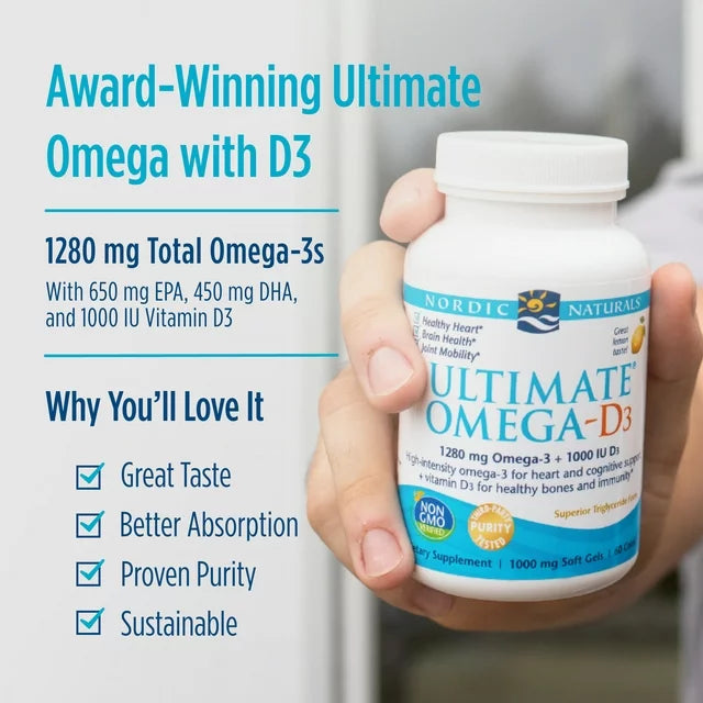 Nordic Naturals Ultimate Omega-D3 Softgels, Lemon, 1280 mg, Fish Oil 120 Ct