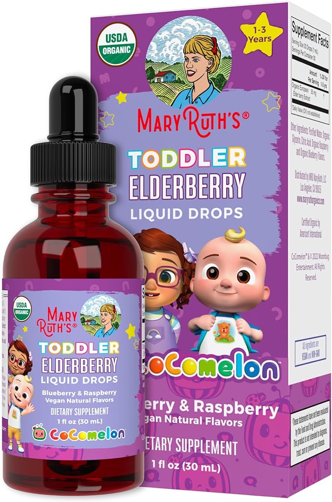 MaryRuth Organics Cocomelon Toddler Elderberry Syrup, USDA Organic Elderberry, Sugar Free Kids Immune Support Supplement for Ages 1-3 Years