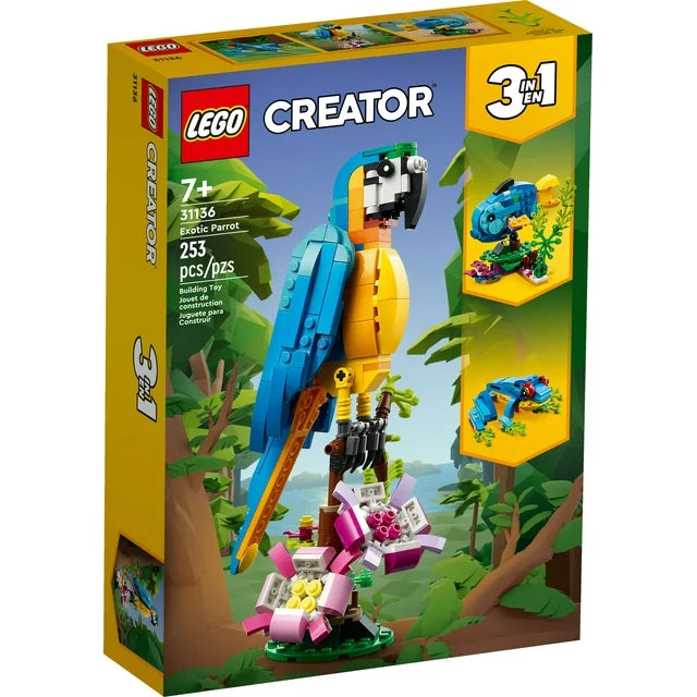 LEGO Creator 3 in 1 Exotic Parrot Building Toy Set, Transforms to 3 Different Animal Figures - from Colorful Parrot, to Swimming Fish, to Cute Frog, Creative Toys for Kids Ages 7 and Up, 31136